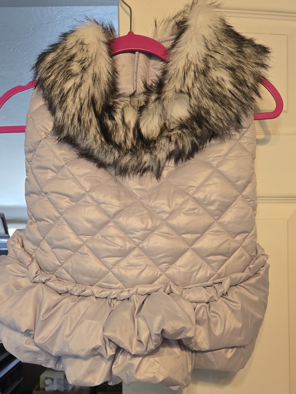 Halloween Quilted Faux Fur-Trim Puffer Vest in Gray With Velcro Closure .